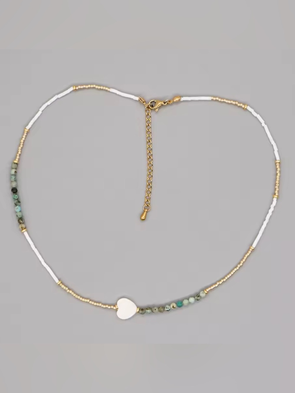 White Beaded Heart Necklace with Gold Accents - Women Jewelry